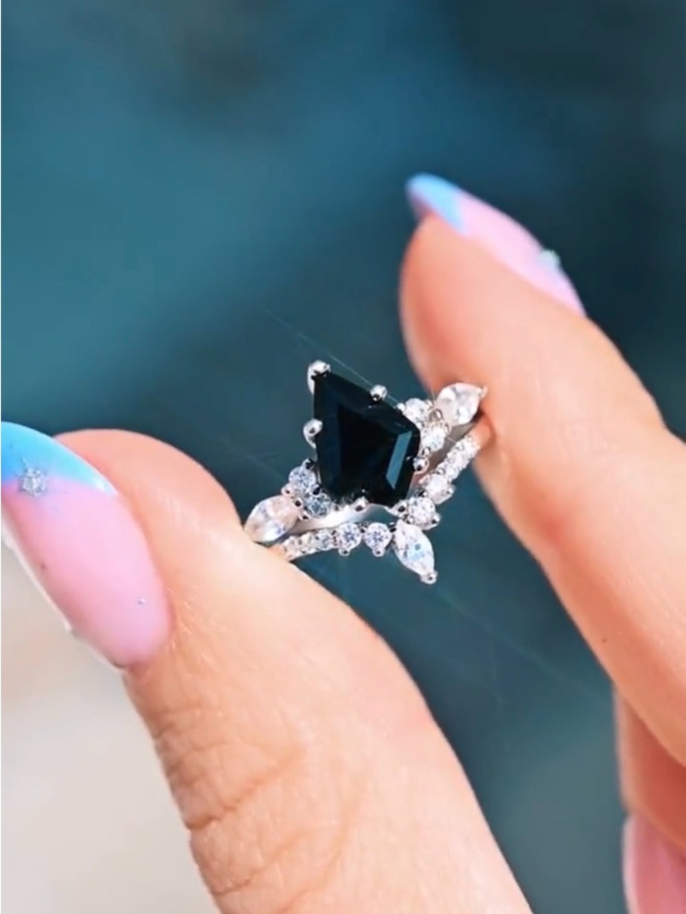 Aquamarise Black Onyx Diamond Ring Set Kite Sterling Silver Unique Jewelry NWOT - Picture 4 of 8